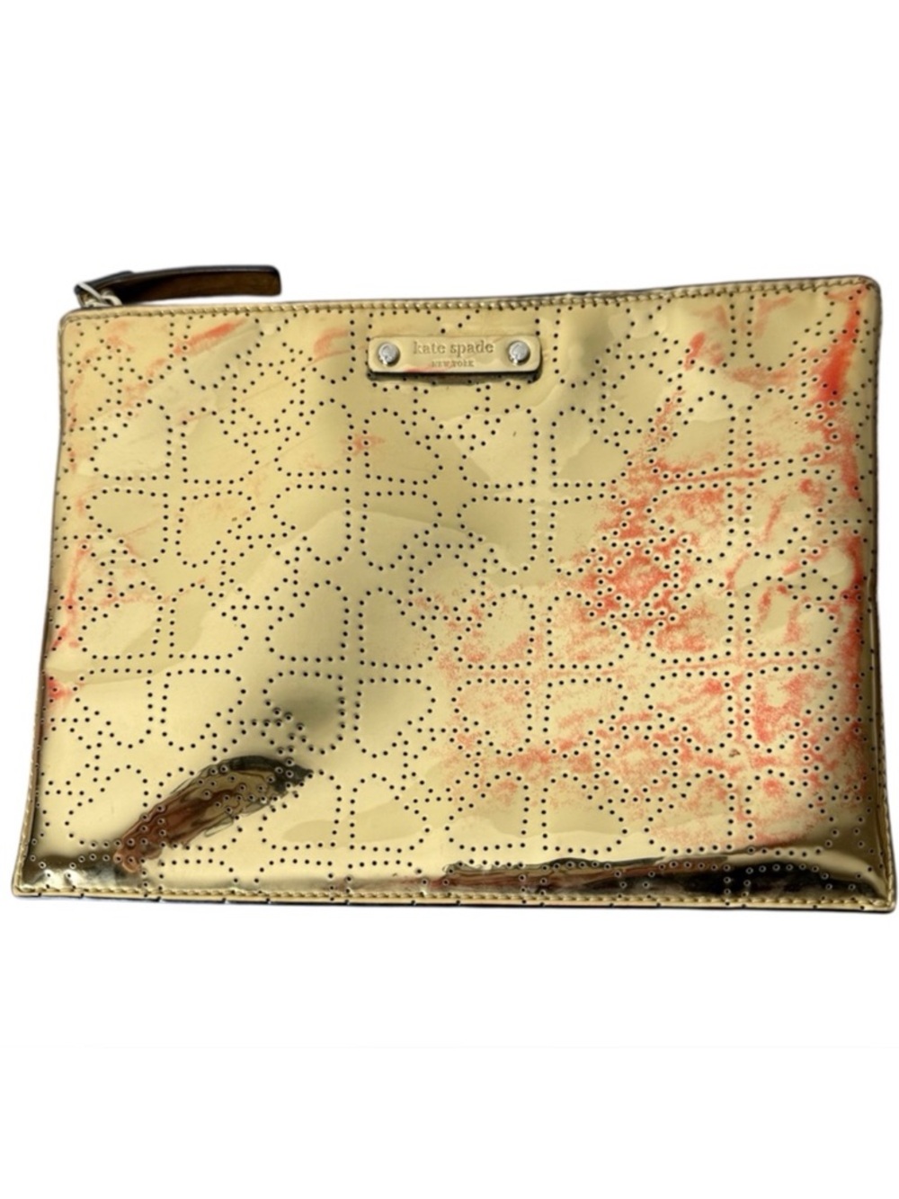 KATE SPADE Gold Perforated Heart Cosmetic Case Pouch Patent Shiny *Flaw*
